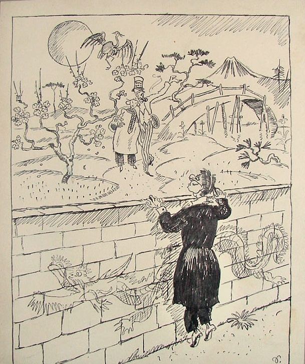 Richard Seewald, Zeichnung: Federzeichnung: Mann im Gehrock schaut über eine Mauer mit Drachen auf eine japanisch anmutende Landschaft mit Brücke und Berg