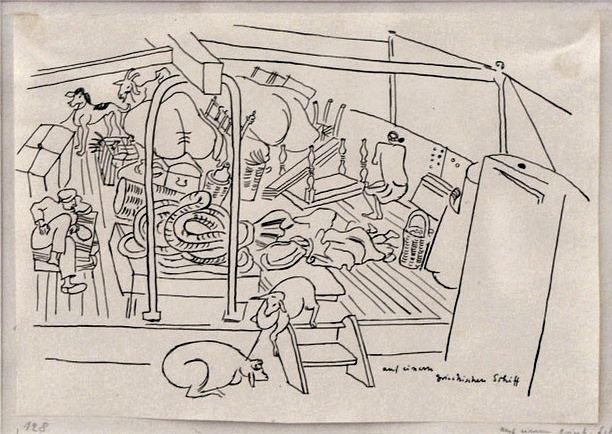 Richard Seewald, Zeichnung: Federzeichnung eines Schiffsdecks mit Pferd, Tauen, Stuhl, Kisten und einem Hund im Vordergrund