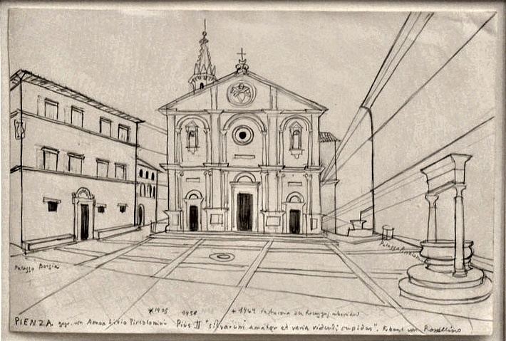 Richard Seewald, Zeichnung: Bleistiftzeichnung eines Platzes mit Kirchenfassade, Brunnen und Palästen in perspektivischer Darstellung