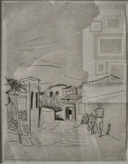 Richard Seewald, Zeichnung: Zarte Bleistiftzeichnung einer Gasse mit Häusern und einem Mann mit Esel, im Passepartout fotografiert.