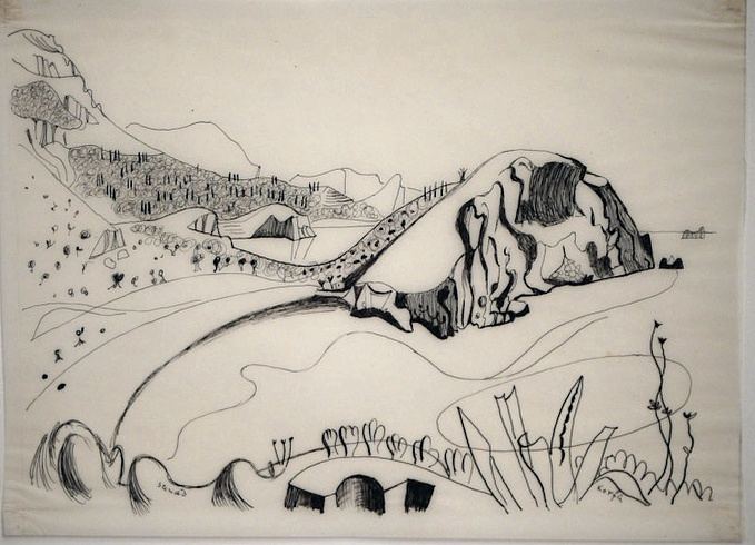 Richard Seewald, Zeichnung: Federzeichnung einer Landschaft mit großem Felsblock, Hang mit Bäumen und Pflanzen im Vordergrund