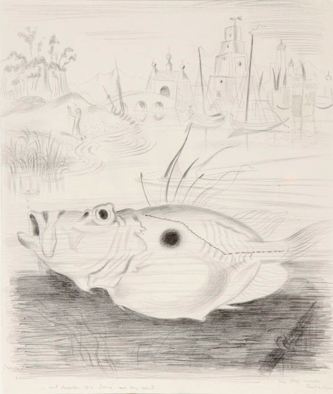 Richard Seewald, Zeichnung: Bleistiftzeichnung eines großen Fisches im Vordergrund vor einer Hafenstadt mit Türmen und Segelbooten.