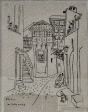 Richard Seewald, Zeichnung: Schwarze Federzeichnung einer verwinkelten Gasse mit Fachwerkhäusern, Treppe und sitzender Figur, gerahmt.
