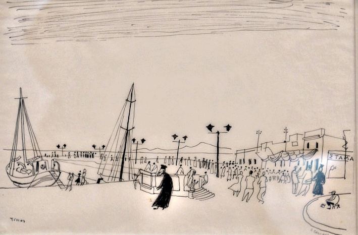 Richard Seewald, Zeichnung: Federzeichnung einer Hafenpromenade mit Segelboot, Laternen, Menschen und Priester