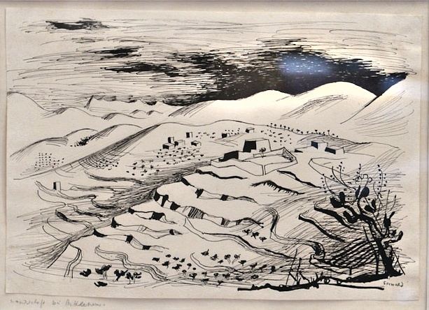 Richard Seewald, Zeichnung: Dichte Federzeichnung kahler Hügel mit Terrassen, einem Dorf, Bäumen und dunklem Gewitterhimmel