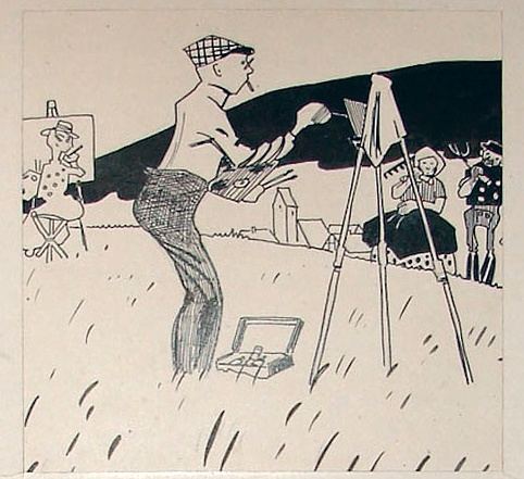 Richard Seewald, Zeichnung: Federzeichnung einer Karikatur: Maler mit Mütze gestikuliert neben der Staffelei auf einer Wiese, darunter gedruckte Legende