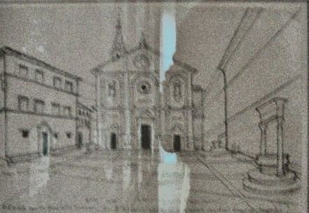 Richard Seewald, Zeichnung: Feine Federzeichnung eines Platzes mit Kirchenfassade und Häusern in strenger Perspektive, gerahmt.