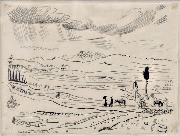 Richard Seewald, Zeichnung: Federzeichnung einer weiten Landschaft mit Regenwolken, Wanderern mit Maultier, Zypressen und Bergen
