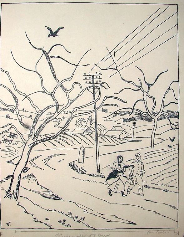 Richard Seewald, Zeichnung: Federzeichnung einer Landstraße mit kahlen Bäumen, Telegrafenmast, Krähe und zwei Spaziergängern.