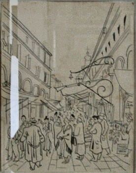 Richard Seewald, Zeichnung: Federzeichnung einer belebten Gasse mit Menschengruppe und Markisen, im Rahmen fotografiert.