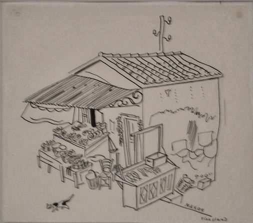 Richard Seewald, Zeichnung: Federzeichnung eines kleinen Hauses mit Ziegeldach, Markise, Auslagen und einer Katze davor