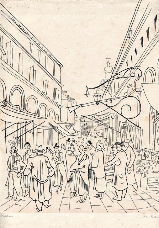 Richard Seewald, Zeichnung: Federzeichnung einer belebten Marktstraße mit Passanten, Arkaden und Wirtshausschild