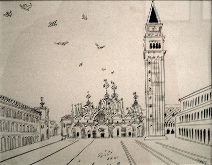 Richard Seewald, Zeichnung: Federzeichnung von San Marco und Campanile mit Vögeln am Himmel und weitem Platz.