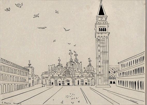 Richard Seewald, Zeichnung: Federzeichnung des Markusplatzes in Venedig mit Basilika, Campanile, Arkaden und Tauben
