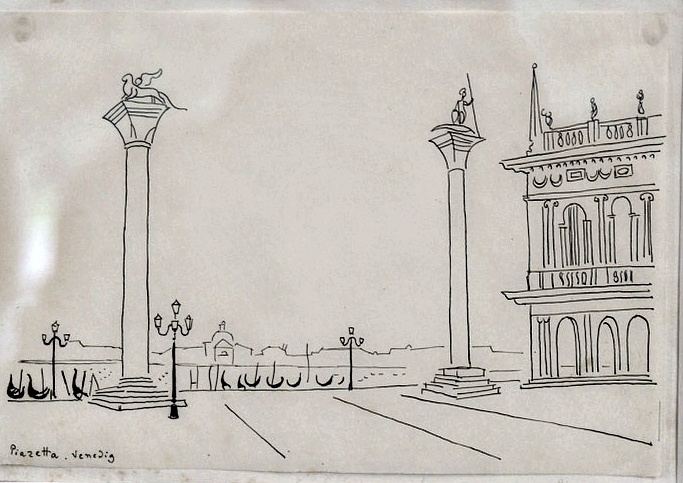 Richard Seewald, Zeichnung: Feine Federzeichnung der Piazzetta in Venedig mit den beiden Säulen, Gondeln am Kai und Palastfassade rechts