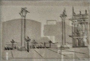 Richard Seewald, Zeichnung: Federzeichnung der Piazzetta mit zwei Säulen und Gebäuden, im dunklen Rahmen fotografiert.