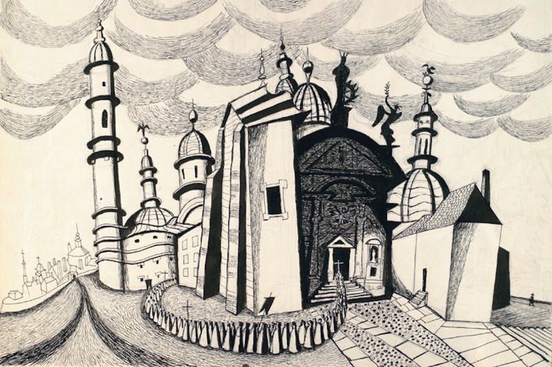 Richard Seewald, Zeichnung: Dichte Federzeichnung einer phantastischen Stadt mit Kuppeln, Türmen und Kirche unter gemusterten Wolken