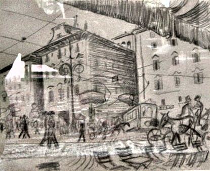 Richard Seewald, Zeichnung: Kohle- oder Kreidezeichnung eines Platzes mit großen Gebäuden, Laterne und Fuhrwerken, hinter Glas.