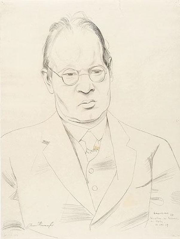 Richard Seewald, Zeichnung: Bleistiftporträt eines Mannes mit Rundbrille und Anzug in Halbfigur