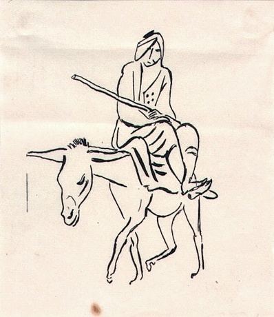 Richard Seewald, Zeichnung: Tuschezeichnung einer Figur auf einem Esel, auf Karton montiert.