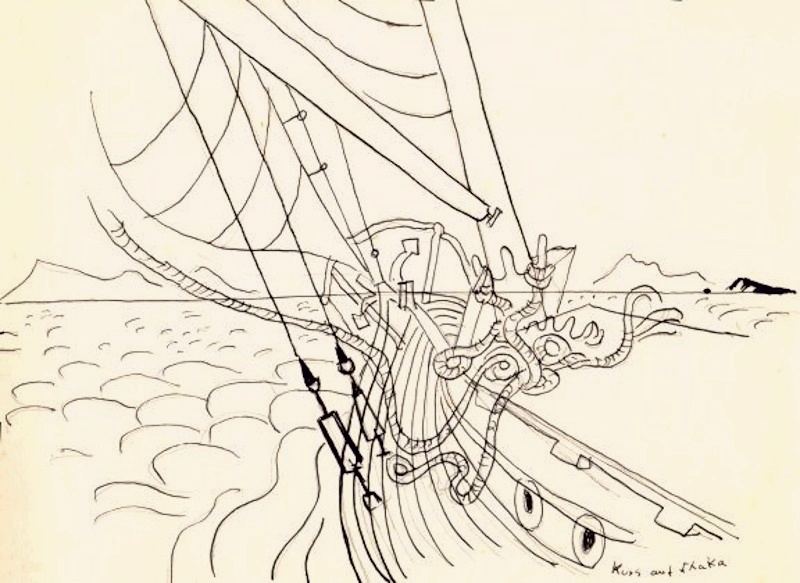Richard Seewald, Zeichnung: Federzeichnung eines Schiffsbugs mit Segeln und Tauen vor bewegtem Meer und Inseln.