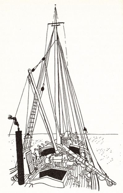 Richard Seewald, Zeichnung: Schwarze Federzeichnung eines Segelschiffs mit Mast, Tauwerk und Deck vor dem Meer.