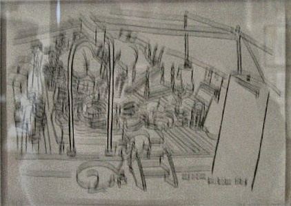 Richard Seewald, Zeichnung: Feine Federzeichnung eines Schiffsdecks mit Masten, Tauwerk und Aufbauten, gerahmt fotografiert.