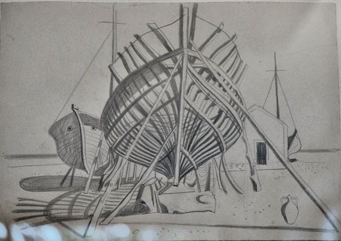 Richard Seewald, Zeichnung: Bleistiftzeichnung eines aufgebockten hölzernen Schiffsrumpfs mit Spanten auf einer Werft, daneben ein Krug und kleine Boote