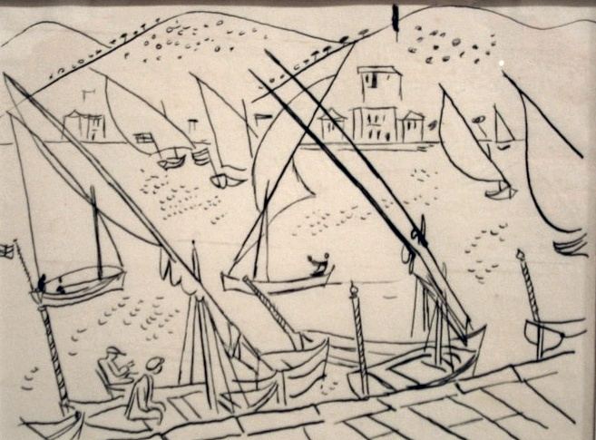 Richard Seewald, Zeichnung: Federzeichnung von Segelbooten mit großen Segeln an einem Kai, im Hintergrund Hügel und Häuser.