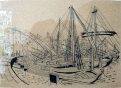 Richard Seewald, Zeichnung: Kräftige Tuschezeichnung von Booten mit Masten in einem Hafen auf gelblichem Papier, gerahmt.