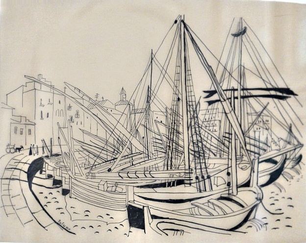 Richard Seewald, Zeichnung: Federzeichnung dicht gedrängter Segelschiffe mit Masten im Hafen vor Häusern, auf getöntem Papier