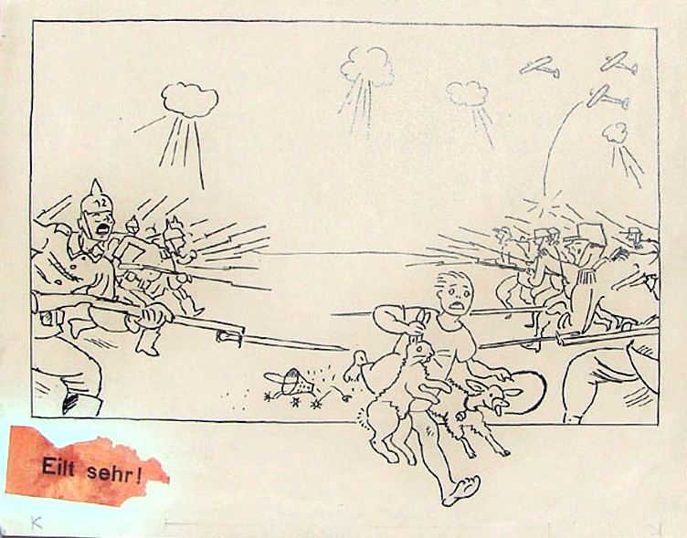 Richard Seewald, Zeichnung: Federzeichnung eines Kriegsmotivs mit Soldaten, Bajonetten und rennendem Jungen mit Tier.