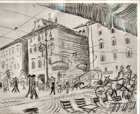 Richard Seewald, Zeichnung: Zeichnung eines Platzes mit hohem Gebäude, Oberleitungen, Fußgängern, Kutschen und Stühlen unter einem grün getönten Sonnensegel