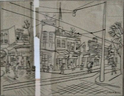 Richard Seewald, Zeichnung: Federzeichnung einer Straßenecke mit Häusern, Oberleitungen und Bäumen, gerahmt.
