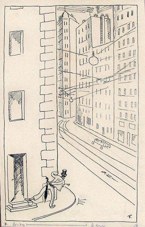 Richard Seewald, Zeichnung: Federzeichnung einer Großstadtstraße mit Hochhäusern, Kabeln und einer sitzenden Figur mit Zylinder.