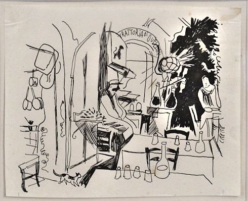 Richard Seewald, Zeichnung: Kräftige Tuschezeichnung einer Taverne mit sitzender Figur, Flaschen, Stühlen und dunklem Baum
