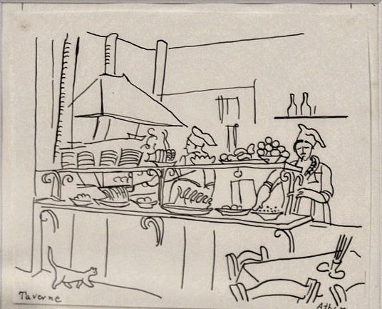Richard Seewald, Zeichnung: Federzeichnung einer Taverne mit Theke, Koch, Küchenabzug, Katze im Vordergrund und Stühlen