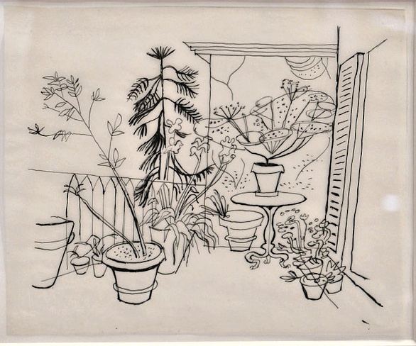 Richard Seewald, Zeichnung: Federzeichnung einer Terrasse mit Topfpflanzen, Rundtisch, Zaun und Fensterladen