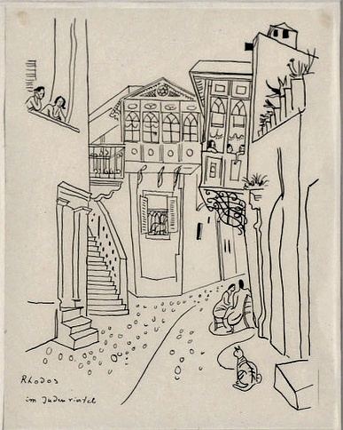 Richard Seewald, Zeichnung: Federzeichnung einer abschüssigen Gasse mit Treppe, Fachwerkhäusern, Fensterfiguren, Sitzender und Katze