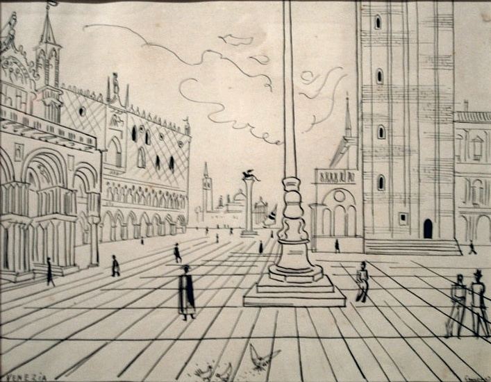 Richard Seewald, Zeichnung: Federzeichnung eines weiten Platzes mit Säule, Dogenpalast, Campanile und kleinen Figuren.