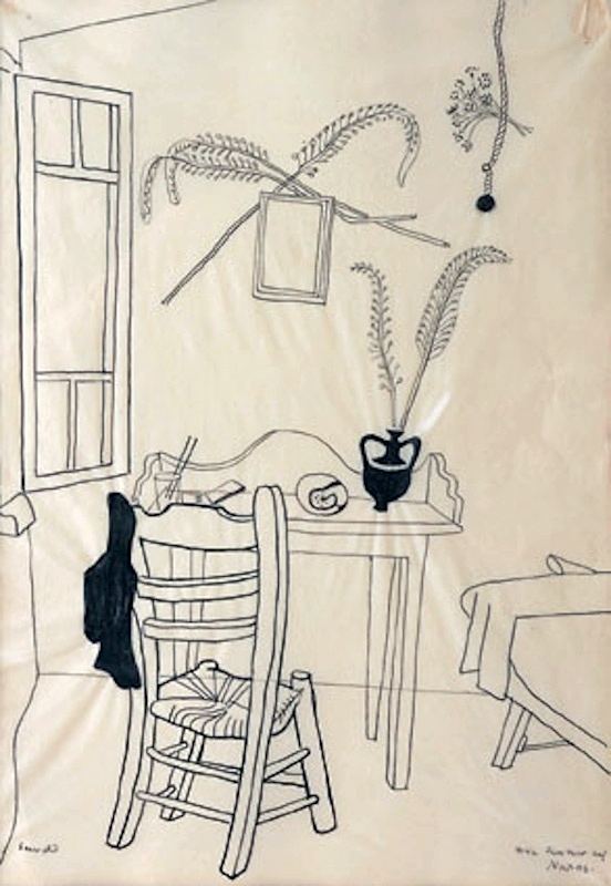 Richard Seewald, Zeichnung: Tuschezeichnung eines Zimmers mit Binsenstuhl, Tisch mit Vase und Farnzweigen, offenem Fenster und Jacke über der Lehne